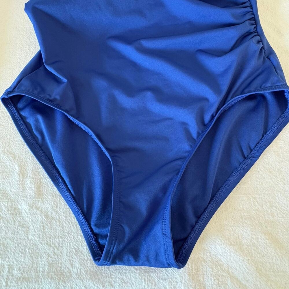 Michael Kors One Shoulder One Piece Swimsuit Royal Blue Logo Ruched Sz 14 - Picture 11 of 15